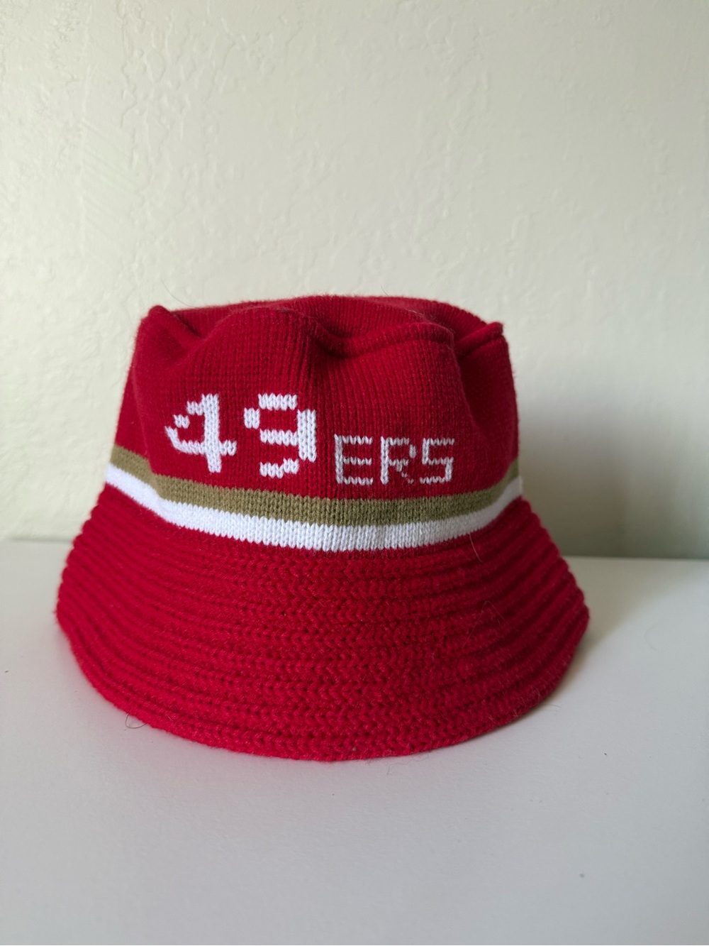 Mitchell & Ness Red Knit Beanie with White and Gold Accent